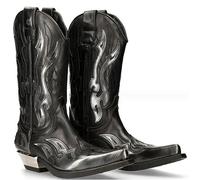 SIULAS PU Leather Boots Vintage Western Cowboy Boots Embroidery Biker Boots Slip On Casual Shoes Pointed Toe Boots, black, 9.5 UK