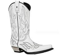 SIULAS PU Leather Boots Vintage Western Cowboy Boots Embroidery Biker Boots Slip On Casual Shoes Pointed Toe Boots, White, 12.5 UK