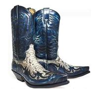 SIULAS Western Cowboy Boots - Low Heel Mid Tube Knight Boots - Vintage Leather Embroidery Western Cowboy Biker Boots, Blue Blue, 9 UK