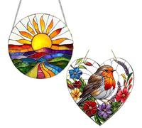 SiumPklay Sunflower and Robin Two-Piece Sun Catcher Set - 20x20cm Stained Glass Style Window Hanging Decor for Home, Garden, Balcony, and Room Aesthetic