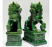 Siunwdiy Ceramic Foo Dog Statues Pair, Brown Glazed Chinese Guardian Lion Figurines, Feng Shui Protection Decor, Oriental Asian Temple Dogs, Indoor Outdoor Home Office Entryway,Green,7.48 * 12.2in