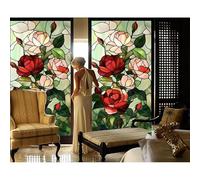 Siunwdiy Colorful Stained Glass Window Film with Floral Pattern - No Glue Static Cling Privacy Decorative Film for Doors & Windows, Frosted Church Style UV Blocking Window Covering,H,90x200cm