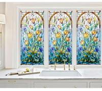 Siunwdiy Colour Stained Glass Window Film with Floral Pattern, No-Glue Static Cling Privacy Decorative Frosted Film for Doors Windows, UV Blocking Church Style Window Sticker Covering,A,60x200cm
