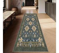 Siunwdiy Olive Green Blue Runner Rug for Entryway 90 x 370 cm Boho Vintage Extra Long Hallway Runners Non Slip Washable Floor Carpet Runners for Hallways Bedroom Laundry Room Kitchen Room