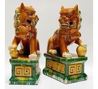 Siunwdiy Sancai Ceramic Foo Dogs, Pair of Tang Dynasty Feng Shui Guardian Lions, Handcrafted Statues for Home and Office Decor,beige,7.48 * 12.2in