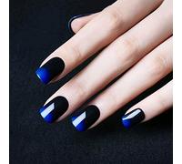SIUSIO 24Pcs Fake Nails Black Full Cover Short Gradient Jewelry Blue Top Coat False Nail Covered Gel Art Tips Sets for Women and Girls