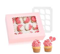 Sivaopa 5 Pcs Cake Boxes, 10x10x8 Inches Cake Box with Cake Boards, White Large Bakery Boxes with Window, Square Cardboard Cake Box for Multi-Layer Cakes (12 Hole Pink)