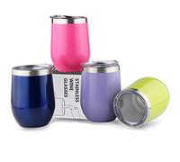 Sivaphe Cups Stainless Steel Wine Tumblers Insulated Double Walled Coffee Tea Glasses with Lids for Camping Home Office Party 12OZ Set of 4 Green Purple Rose Red Navy