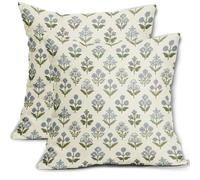 Sivirary Blue Green Block Print Pillow Covers 20x20 Inch Set of 2, Vintage Floral Spring Decorative Throw Pillow Cases Boho Cushion Covers Rustic Decoration Gift Farmhouse Sofa Couch Bed Decor