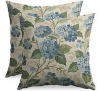 Sivirary Blue Hydrangea Pillow Covers 18x18 Inch Set of 2, Green Spring Vintage Floral Summer Decorative Throw Pillow Cases Rustic Farmhouse Seasonal Cushion Covers Outdoor Decor for Sofa Couch Bed