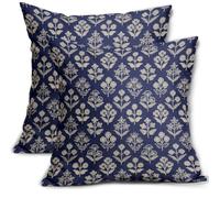 Sivirary Navy Blue Floral Block Print Pillow Covers 16x16 Inch Set of 2, Vintage Flower Pattern Decorative Throw Pillowcases Outdoor Farmhouse Cushion Covers Spring Summer Rustic Sofa Couch Bed Decor