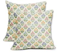 Sivirary Spring Floral Easter Block Print Pillow Covers 16x16 Inch Set of 2, Pink Yellow Blue Purple Flower Holiday Decorative Throw Pillowcases Outdoor Farmhouse Cushion Covers Sofa Couch Bed Decor