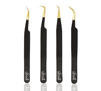 SIVOTE Fiber Tip Volume Lash Tweezers for Eyelash Extensions with Diamond Grip, Set of 4, Black
