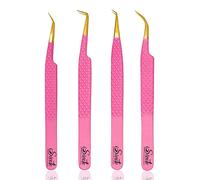 SIVOTE Fiber Tip Volume Lash Tweezers for Eyelash Extensions with Diamond Grip, Set of 4, Pink