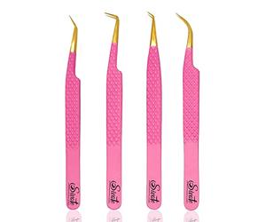 SIVOTE Fiber Tip Volume Lash Tweezers for Eyelash Extensions with Diamond Grip, Set of 4, Pink