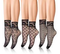 SIWOKJJO 3 Pairs Women Lace Ankle Socks, Black Pop Sock, Fishnet Short Stockings, Sheer Mesh Thin Socks for Women