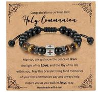 SIWOKJJO Boys First Holy Communion Leather Cross Bracelet, Adjustable Braided Faith Bracelet, Easter Catholic Baptism Gift Jewelry for Teen Boys Kids Son Grandson Godson