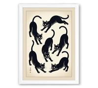 Six Cats Dancing Japandi Framed Wall Art Print A1 (84.1×59.4cm) White, Wall Decor for Living Room, Bedroom, Office & Home, Ready to Hang, Art Gift