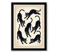 Six Cats Dancing Japandi Framed Wall Art Print A2 (59.4×42cm) Black, Wall Decor for Living Room, Bedroom, Office & Home, Ready to Hang, Art Gift