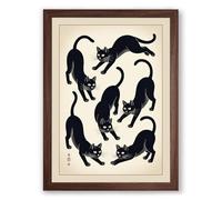 Six Cats Dancing Japandi Framed Wall Art Print A3 (42×29.7cm) Walnut, Wall Decor for Living Room, Bedroom, Office & Home, Ready to Hang, Art Gift