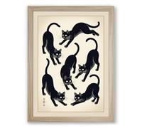Six Cats Dancing Japandi Framed Wall Art Print A4 (29.7×21cm) Oak, Wall Decor for Living Room, Bedroom, Office & Home, Ready to Hang, Art Gift