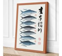 Six Fish in Repose Japandi Canvas Wall Art Print 36x24 Inch (91 x 61 cm)