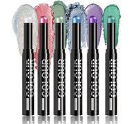 Six Metallic Shimmer Eyeshadow Sticks in Silver Pink Green Blue Purple Teal - Creamy Highly Pigmented Formula for Easy Precise Application and Bold Creative Eye Looks Set of Colourful Makeup Pencils