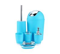 Six Piece Bathroom Accessory Set, Blue, Includes Soap Dispenser, Toothbrush Holder, Soap Dish, Waste Bin, Toilet Brush, Cup