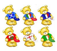Six Rugby Nations Bear Card Making Toppers Craft Embellishments, Scotland, England, Wales etc Rugby x 6