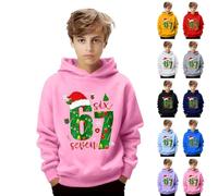 Six Seven 67 Christmas Kids Hoodie Long Sleeve Pullover Sweatshirt, 6 7 Meme Jumper with Holiday Hat Theme Print, Fashion Xmas Hoodies for Boys and Girls, Comfortable Soft Fabric Casual Oversized