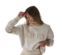 Six Stories | Oversized Wifey Statement Sweatshirt for Newlywed Bride | Soft & Cozy Embroidered Champagne Crewneck Sweater | Perfect Wedding, Anniversary, Birthday & Honeymoon Gift