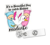 Sixrip lt's A Beautiful Day To Catch Babies Midwife Badge Reel, Funny Stork Retractable Badge Reel Gifts for Gynecologist Labor And Delivery Nurse Doctor Midwifery Postpartum Obstetrician, OBGYN Gifts