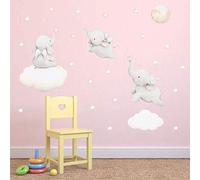 SIXRUN Elephant Wall Decals Dumbo Playing in Clouds Moon Stars Self Adhesive PVC Stickers for Kids Nursery Playroom Birthday Party Decor (White)