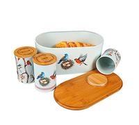 SiXsigma Sports 4pc Kitchen Storage Set - Tea, Coffee, Sugar Canister Jars & Bread Bin with Airtight Bamboo Lids - Novelty Gift for Christmas, Birthday, Anniversary or Spring in the Kitchen
