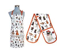SiXsigma Sports Cooking Chefs Apron With Double Oven Gloves - Quick Dry Kitchen Cotton Aprons For Cooking, Baking & BBQ Grill - Perfect Mothers Day Gifts (Romantic Dog in the Kitchen Gloves Set)
