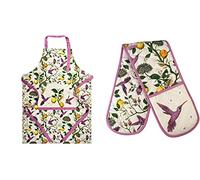 SiXsigma Sports Cooking Chefs Apron With Double Oven Gloves - Quick Dry Kitchen Cotton Aprons For Cooking & Baking - Perfect Christmas Gifts For Women (Hummingbirds Apron & Double Oven Gloves)