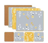 SiXsigma Sports Placemats & Coasters Set Heat Resistant Cork Placemats Table Mats For Dining Kitchen Place Mats Set of 8 - Ideal Table Christmas Decorations 21.5 x 29cm (Floral Yellow)