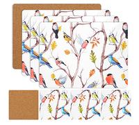 SiXsigma Sports Placemats & Coasters Set Heat Resistant Cork Placemats Table Mats For Dining Kitchen Place Mats Set of 8 - Ideal Table Christmas Decorations 21.5 x 29cm (Spring Birds)
