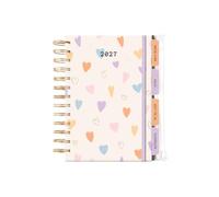 Sixstore Week to View 2027 A5 Diary WTV A5 Spiral Diary, Planner Hardback Cover Casebound Wiro Diaries with Tabs and Folder Pocket Colour Elastic Band, Hearts