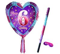Sixth birthday pinata with stick - Girls 6th party smashing game - Big 41cm x 38cm
