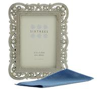 Sixtrees Antique Vintage and Shabby Chic Style silver metal photo frame with beads and crystals for a 3.5" x 2.5" (64 x 89mm) picture - Louisa Complete with our microfibre polishing cloth