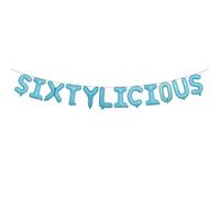 Sixtylicious Multicolor Glitter Balloon Banner - Funny 60th Birthday and Anniversary Decorations for Men and Women - Party Supplies and Gifts (SIXTYLICIOUS Light Blue)