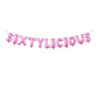 Sixtylicious Multicolor Glitter Balloon Banner - Funny 60th Birthday and Anniversary Decorations for Men and Women - Party Supplies and Gifts (SIXTYLICIOUS Pink Heart)