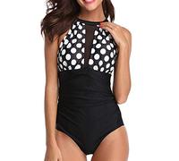 Sixyotie Ladies Swimsuit Mesh Bikini Bathing Suits Plus Size Monokini Bohemian Swimwear for Women Tummy Control Swimming Costume (White Dot,L)