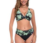 Sixyotie Women's High Waisted Bikini Set with Retro Chest Cross Swimwear Twist Pleated Bikini Bottom Swimming Costume Women 2 Piece Swimsuits (UK, Alpha, XL, Regular, Regular, Greenleaf)