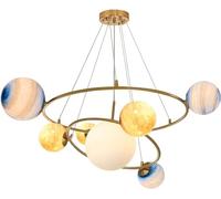 SIYANE 7-Light Modern Creative Moon Planet Chandelier for Kids Room 2 Ring Modern Gold Large Hanging Pendant Light Astronaut Bedroom Ceiling Light for Kids Playroom Boys Girls Room Nursery Toys Room