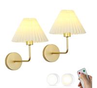 SIYANE LED Wall Sconce Set of Two USB Rechargeable Battery Operated Gold Wall Light with Remote Control Pleated Fabric Shade Dimmable Bulb Black Wall Lamp for Bedside Bedroom Headboard