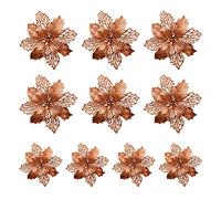 SIYANO 10Pcs Christmas Glittered Mesh Holly Leaf Artificial Poinsettia Flowers Picks Tree Ornaments 9cm for Christmas Tree Wreath Garland Floral Gift Winter Wedding Holiday Decoration,Bronze