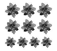 SIYANO 10Pcs Christmas Glittered Mesh Holly Leaf Artificial Poinsettia Flowers Picks Tree Ornaments 9cm for Christmas Tree Wreath Garland Floral Gift Winter Wedding Holiday Decoration,Black