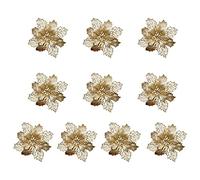 SIYANO 10Pcs Christmas Glittered Mesh Holly Leaf Artificial Poinsettia Flowers Picks Tree Ornaments 9cm for Christmas Tree Wreath Garland Floral Gift Winter Wedding Holiday Decoration,Gold